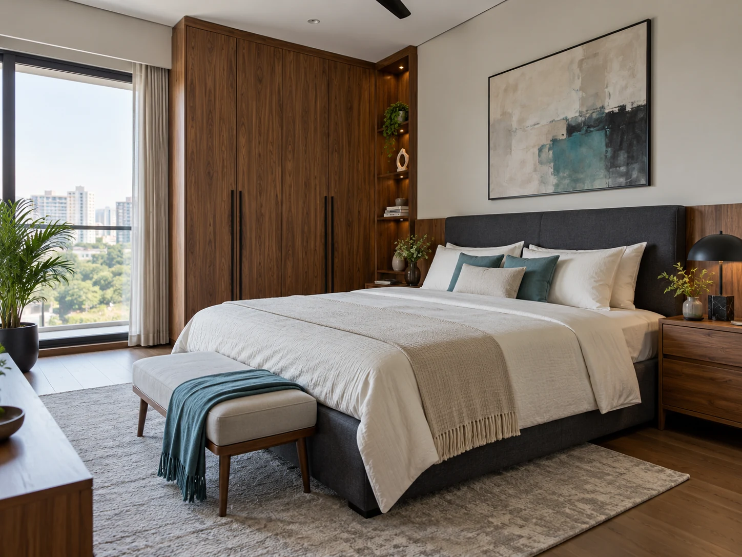 Bedroom and wardrobe design inspiration with walnut storage and natural light