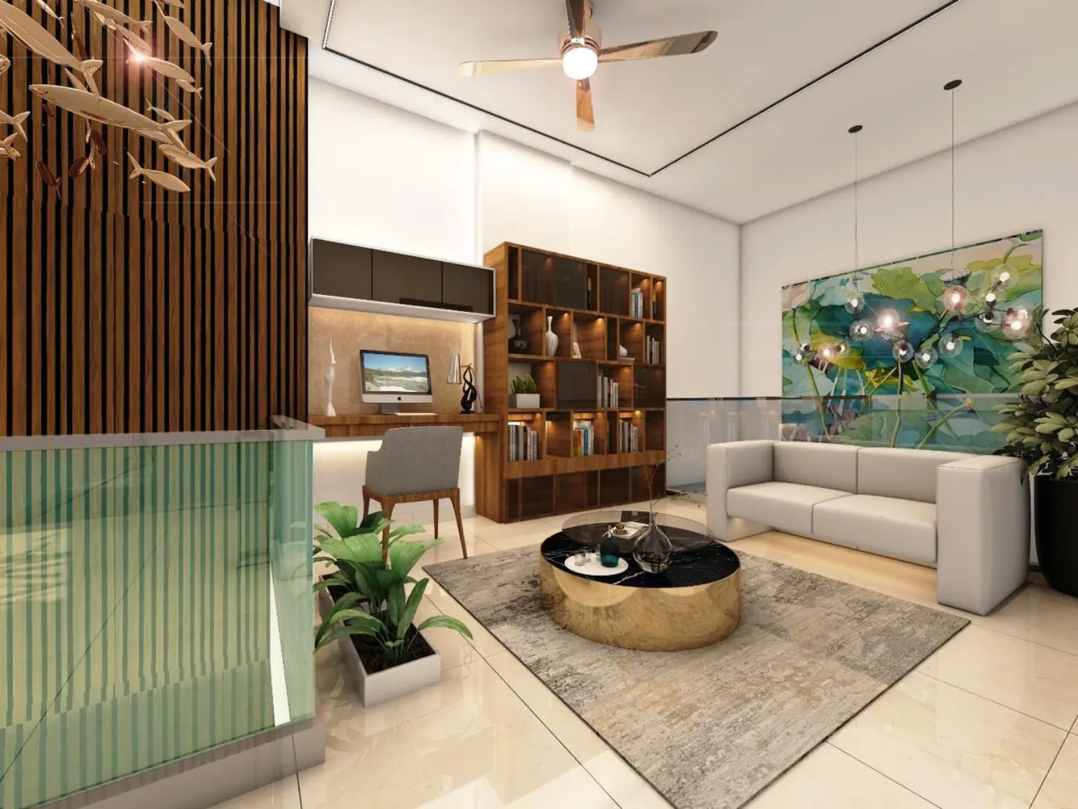 Interior concept with living space, work corner and warm wood details