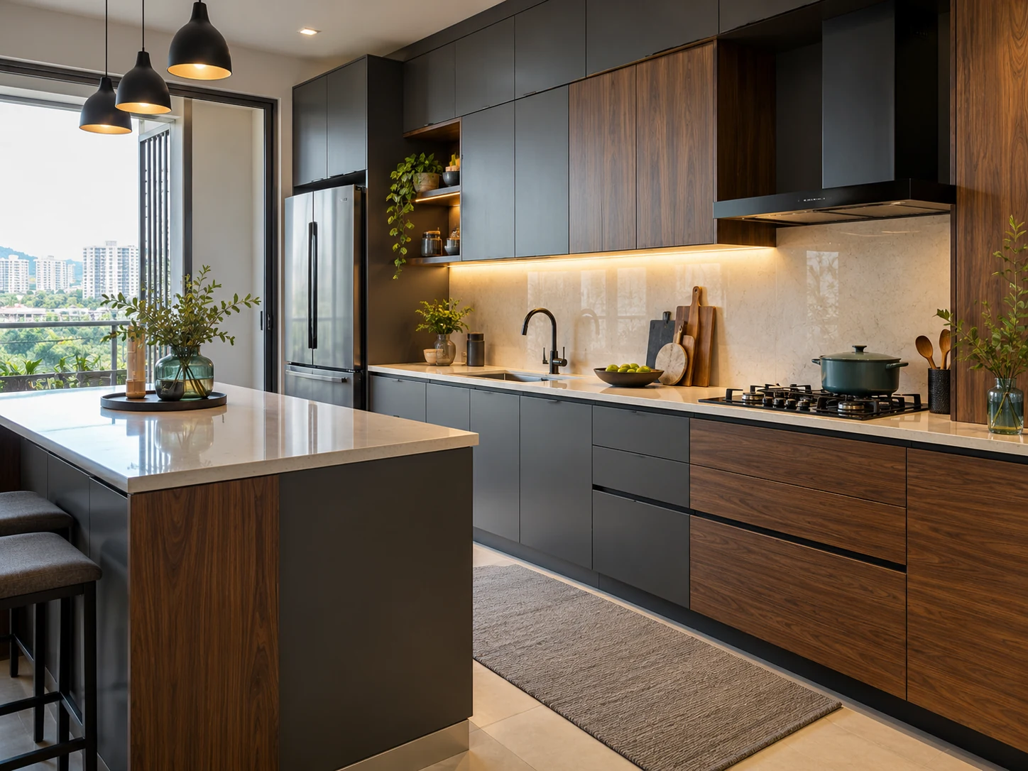 Kitchen design inspiration showing light stone counters and coordinated flooring